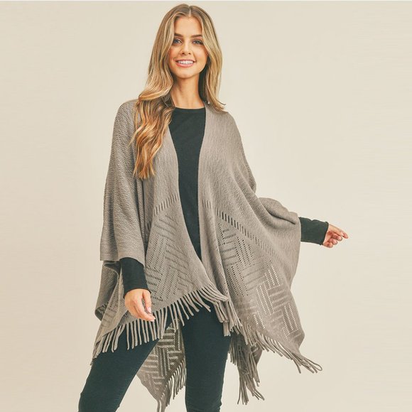 Herringbone Knit Fringe Ruana Poncho - Picture 1 of 2